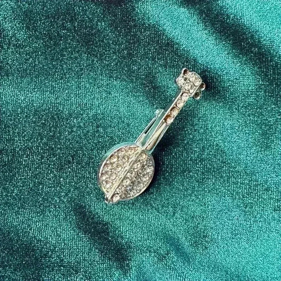 Vintage Jewelry - Silver Rhinestone Banjo Pin